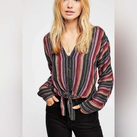 Rails Sloan Boho Long Sleeve Tie Front Top In Brava Stripe - Picture 1 of 4